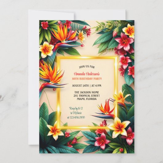 熱帯ハワイアンハイビスカスフラワーズバースデーパーティー 招待状 (正面)