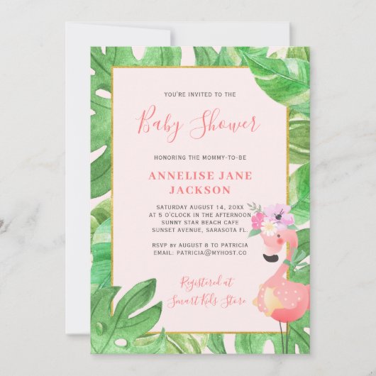 熱帯ハワイアンピンクのフラミンゴの女の子の赤ちゃんシャワー 招待状 (正面)