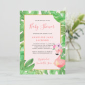 熱帯ハワイアンピンクのフラミンゴの女の子の赤ちゃんシャワー 招待状 (スタンド正面)