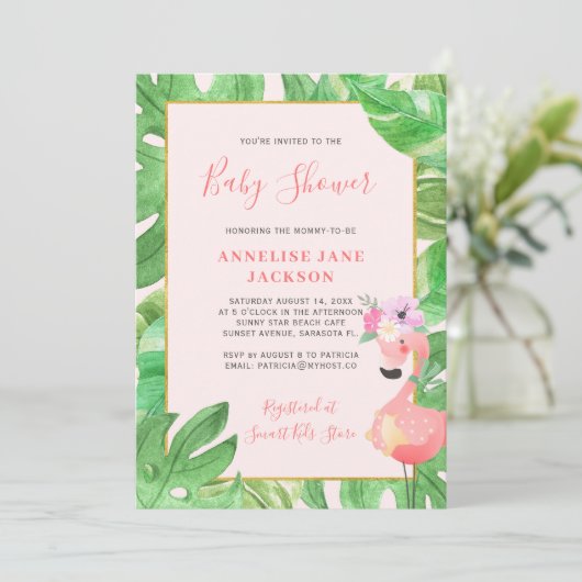 熱帯ハワイアンピンクのフラミンゴの女の子の赤ちゃんシャワー 招待状 (スタンド正面)