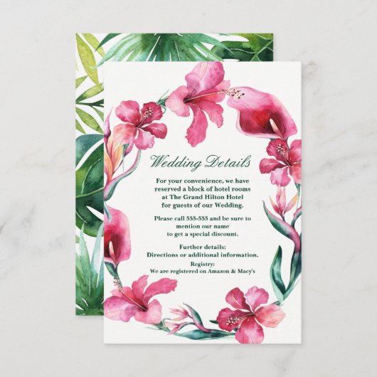 熱帯ハワイアンフラワーエレガントな結婚式詳細 エンクロージャーカード (正面/裏面)
