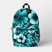 熱帯ハワイアンフラワーハイビスカスティール（緑がかった色）ブルーグリーン プリントバックパック (正面)