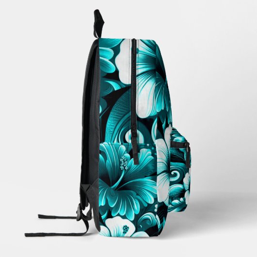熱帯ハワイアンフラワーハイビスカスティール(緑がかった色)ブルーグリーン プリントバックパック (左)