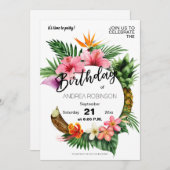 熱帯ハワイアンフローラバースデーパーティーホワイト 招待状 (正面/裏面)