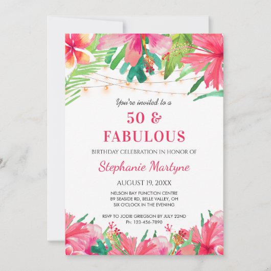 熱帯ハワイアンフローラ50誕生日 招待状 (正面)