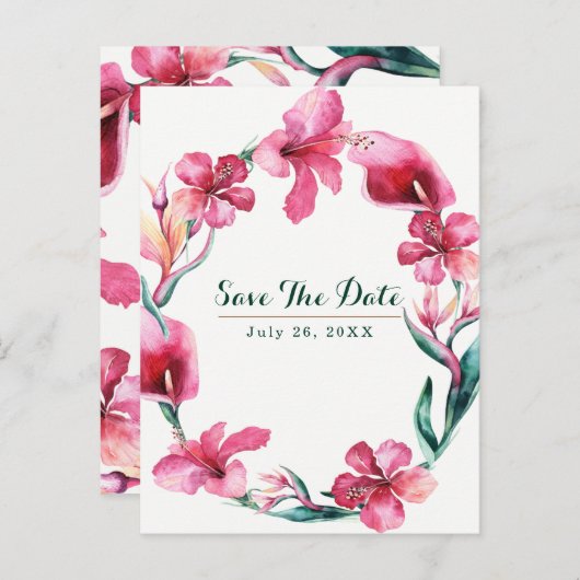 熱帯ハワイアン花の結婚式の日付を保存 案内ポストカード (正面/裏面)