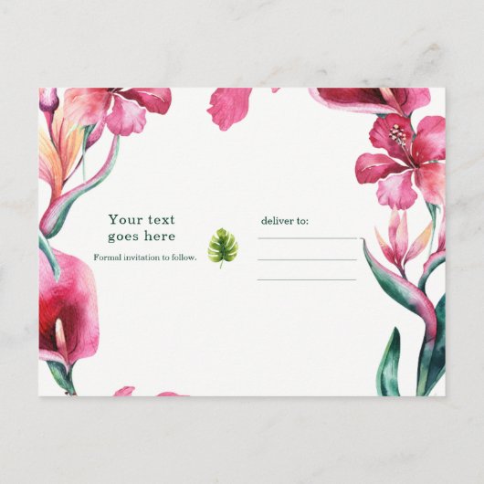 熱帯ハワイアン花の結婚式の日付を保存 案内ポストカード (裏面)