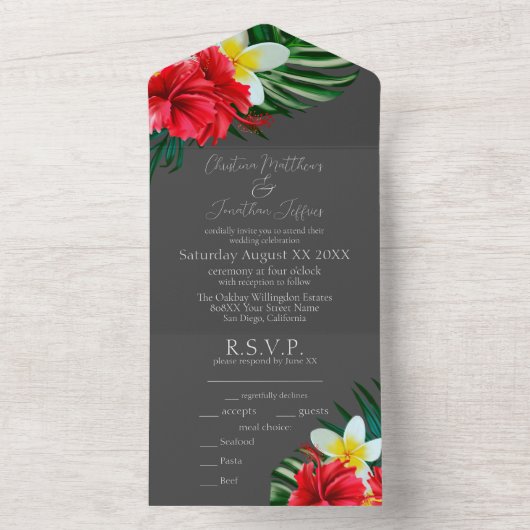 熱帯ハワイアン花オンエレガントグラ オールインワン招待状 (内側)