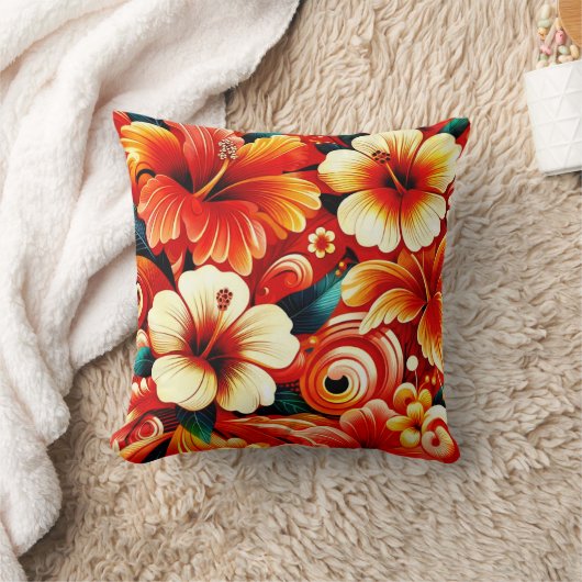 熱帯ハワイアン花ハイビスカスオレンジパターン クッション (ブランケット)