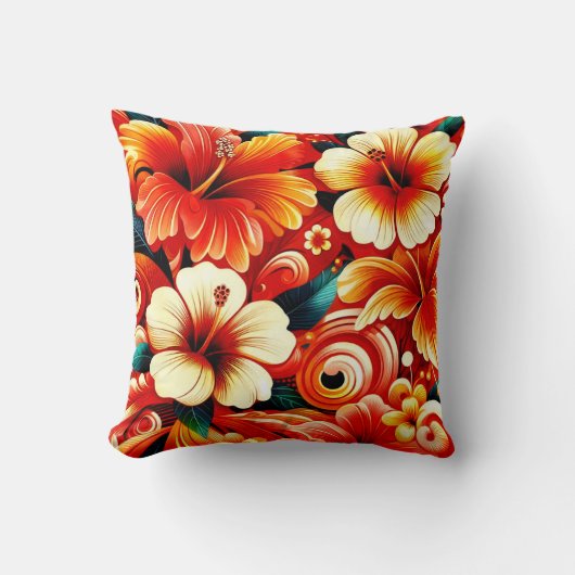 熱帯ハワイアン花ハイビスカスオレンジパターン クッション (正面)
