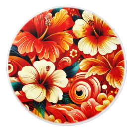 熱帯ハワイアン花ハイビスカスオレンジパターン セラミックノブ