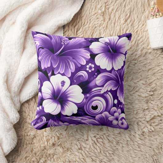 熱帯ハワイアン花ハイビスカスパープルパターン クッション (ブランケット)