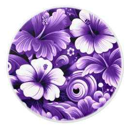 熱帯ハワイアン花ハイビスカスパープルパターン セラミックノブ