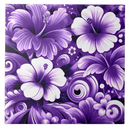 熱帯ハワイアン花ハイビスカスパープルパターン タイル (正面)