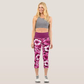 熱帯ハワイアン花ハイビスカスピンク白 カプリレギンス (正面)