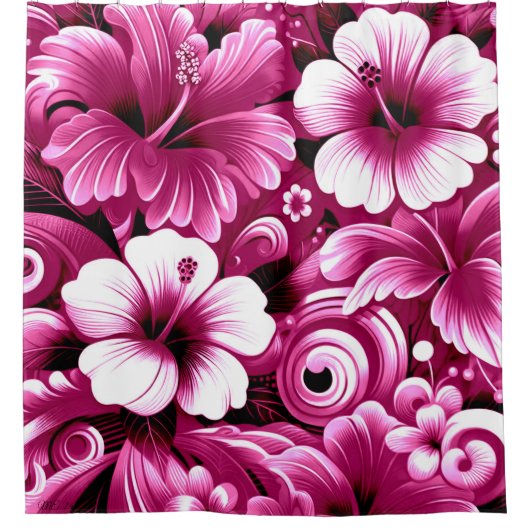 熱帯ハワイアン花ハイビスカスピンク シャワーカーテン (正面)