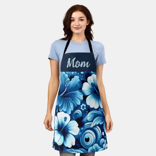 熱帯ハワイアン花ハイビスカスブルーパターン エプロン (着用した状態)