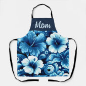 熱帯ハワイアン花ハイビスカスブルーパターン エプロン (正面)