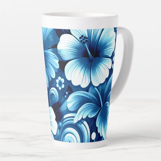 熱帯ハワイアン花ハイビスカスブルーパターン カフェラテマグ (右アングル)