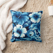 熱帯ハワイアン花ハイビスカスブルーパターン クッション (ブランケット)