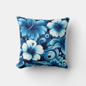 熱帯ハワイアン花ハイビスカスブルーパターン クッション (正面)