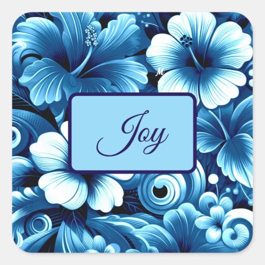 熱帯ハワイアン花ハイビスカスブルーパターン スクエアシール (正面)