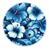 熱帯ハワイアン花ハイビスカスブルーパターン セラミックノブ (正面)