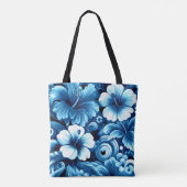 熱帯ハワイアン花ハイビスカスブルーパターン トートバッグ (裏面)