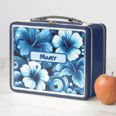 熱帯ハワイアン花ハイビスカスブルーパターン メタルランチボックス (インサイチュ)
