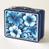 熱帯ハワイアン花ハイビスカスブルーパターン メタルランチボックス (裏面)