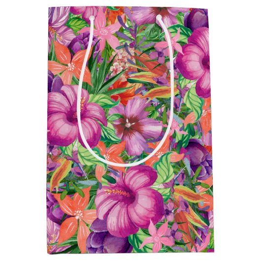 熱帯ハワイアン花パターン ミディアムペーパーバッグ (正面)