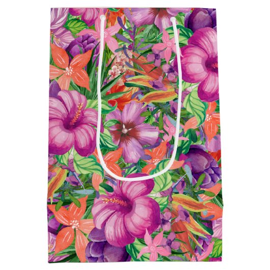 熱帯ハワイアン花パターン ミディアムペーパーバッグ (裏面)