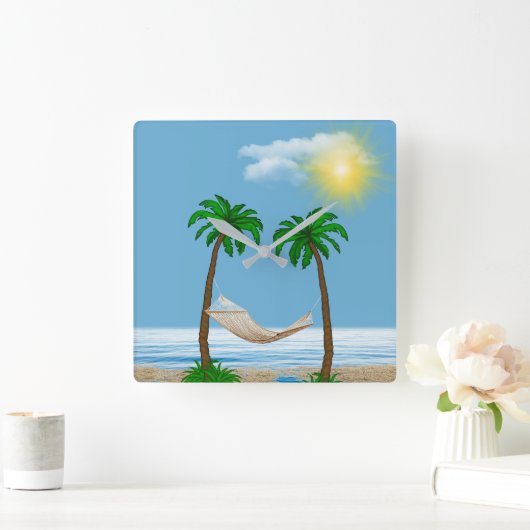 熱帯ハンモックとヤシの木 スクエア壁時計 (ホーム)