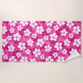 熱帯バイオレット白ハイビスカスフラワーパターン ビーチタオル (正面)