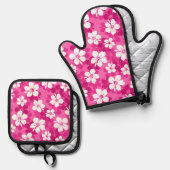 熱帯バイオレット白ハイビスカスフラワーパターン 鍋つかみ&鍋敷きセット (正面/裏面)