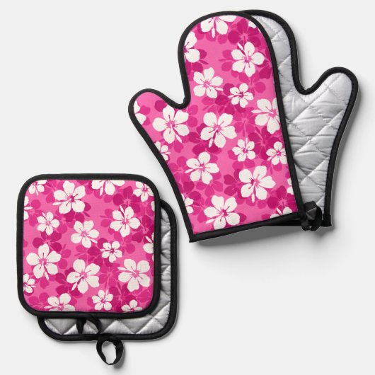 熱帯バイオレット白ハイビスカスフラワーパターン 鍋つかみ&鍋敷きセット (正面/裏面)