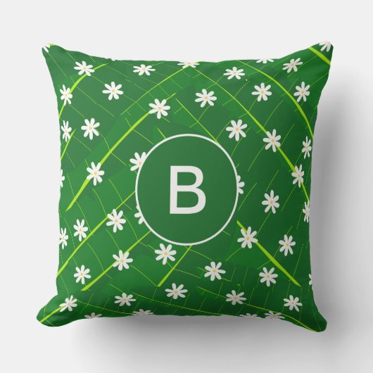 熱帯バナナの葉と花の緑の植物性 クッション (正面)