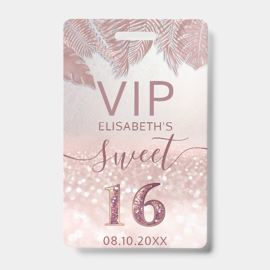 熱帯バラ金ゴールドグリッタースクリプトSweet 16 VIP バッジ (Front)