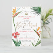 熱帯バルミツワー金ゴールドスクリプトフローラ水色 招待状 (スタンド正面)