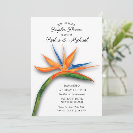 熱帯バードオブパラダイスカップルのシャワー招待状 (スタンド正面)