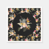 熱帯パイナップルのハイビスカスの葉が黒 スタンダードカクテルナプキン (正面)