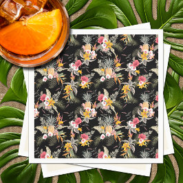 熱帯パイナップルのハイビスカスの葉が黒 スタンダードカクテルナプキン