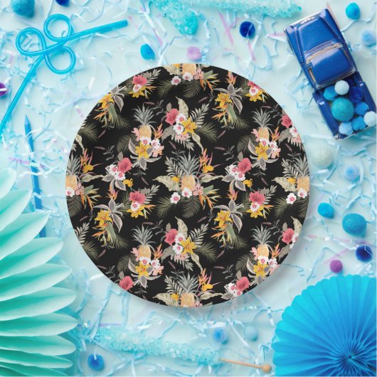 熱帯パイナップルのハイビスカスの葉が黒 ペーパープレート (パーティー)