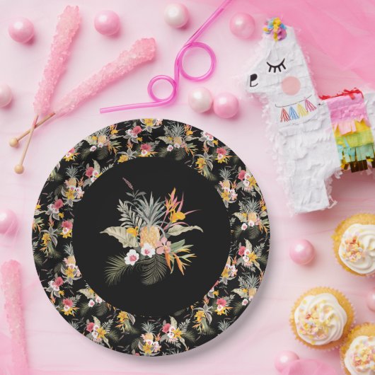 熱帯パイナップルのハイビスカスの葉が黒 ペーパープレート (パーティー)