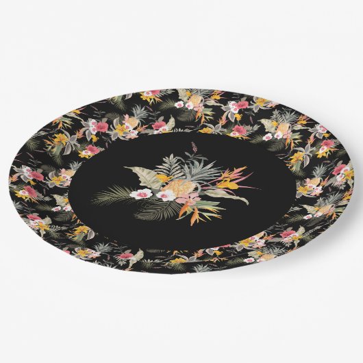 熱帯パイナップルのハイビスカスの葉が黒 ペーパープレート (アングル)