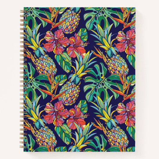 熱帯パイナップルのハイビスカスパターン ノートブック (正面)