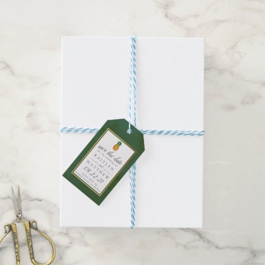 熱帯パイナップルの結婚式の日付を保存 ギフトタグ (より糸付き)