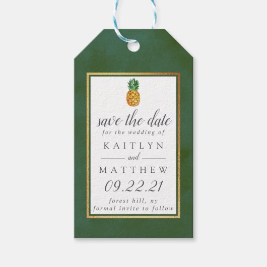 熱帯パイナップルの結婚式の日付を保存 ギフトタグ (正面)