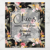 熱帯パイナップルの花と結婚黒 ワインラベル (シングルラベル)