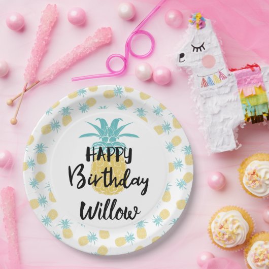 熱帯パイナップルハッピーバースデールアウ（ハワイ式宴会）パーティー ペーパープレート (パーティー)